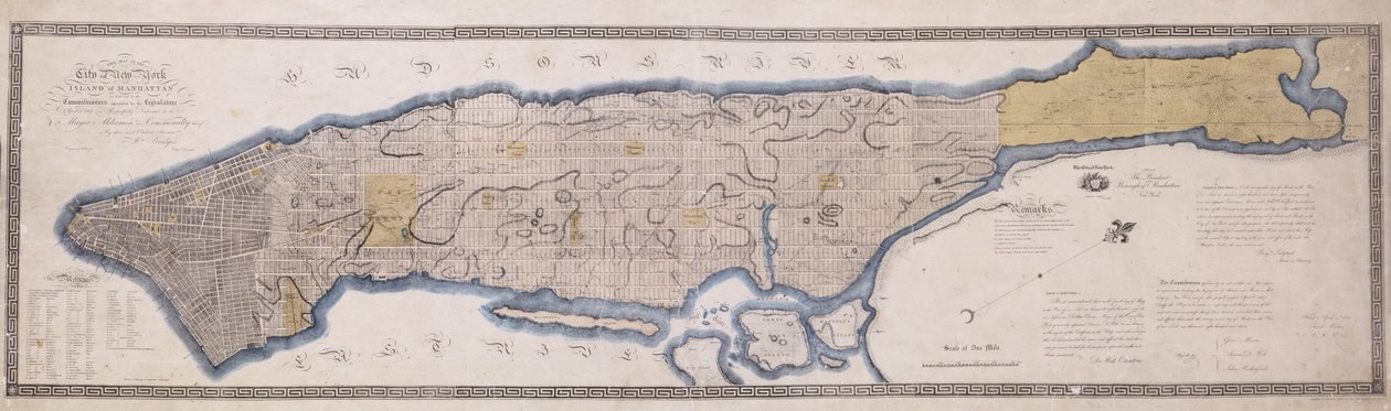 专员计划，纽约市地图，由立法机构任命的委员于1807年4月3日通过，由P. Maverick，1811年刻（石版画，墨水，彩色洗涤）。 作者 小约翰·兰德尔