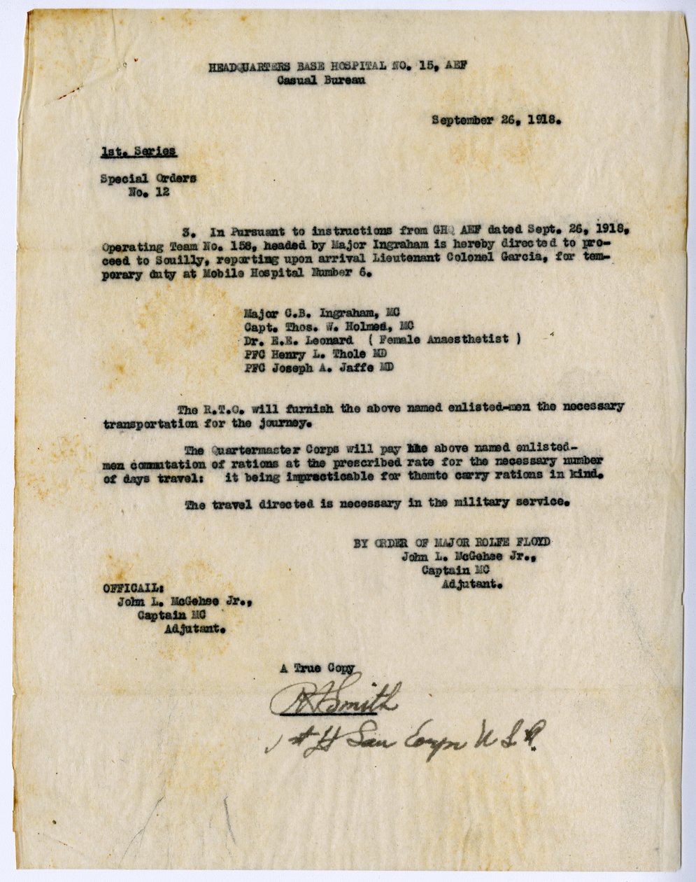 1918年9月26日，Rolfe Floyd的命令，总部基地医院第15号特别订单，休闲局第15号 作者 约翰·麦基希