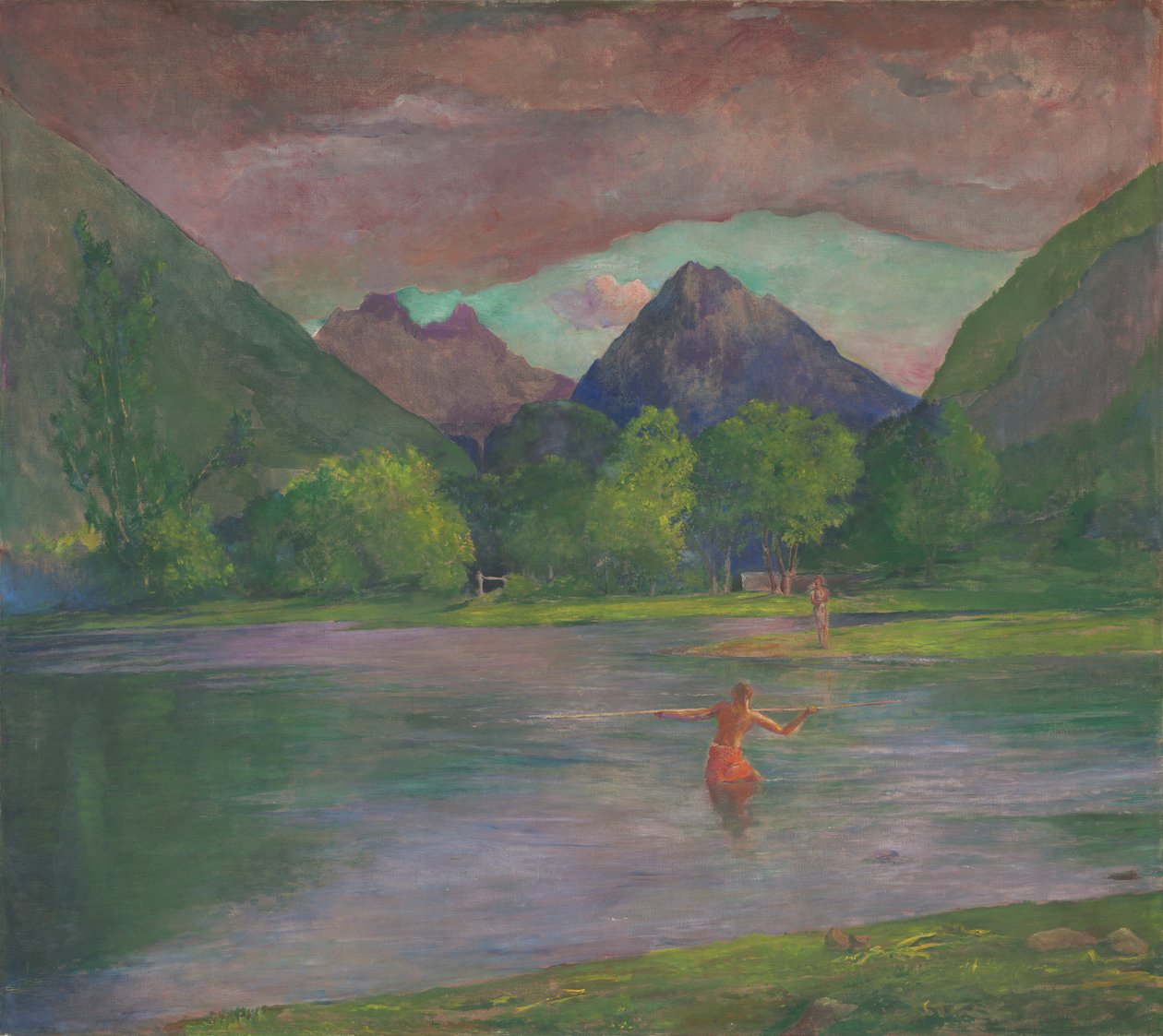 余辉，Tautira河，大溪地，渔夫钓鱼，c.1895 作者 John La Farge或Lafarge