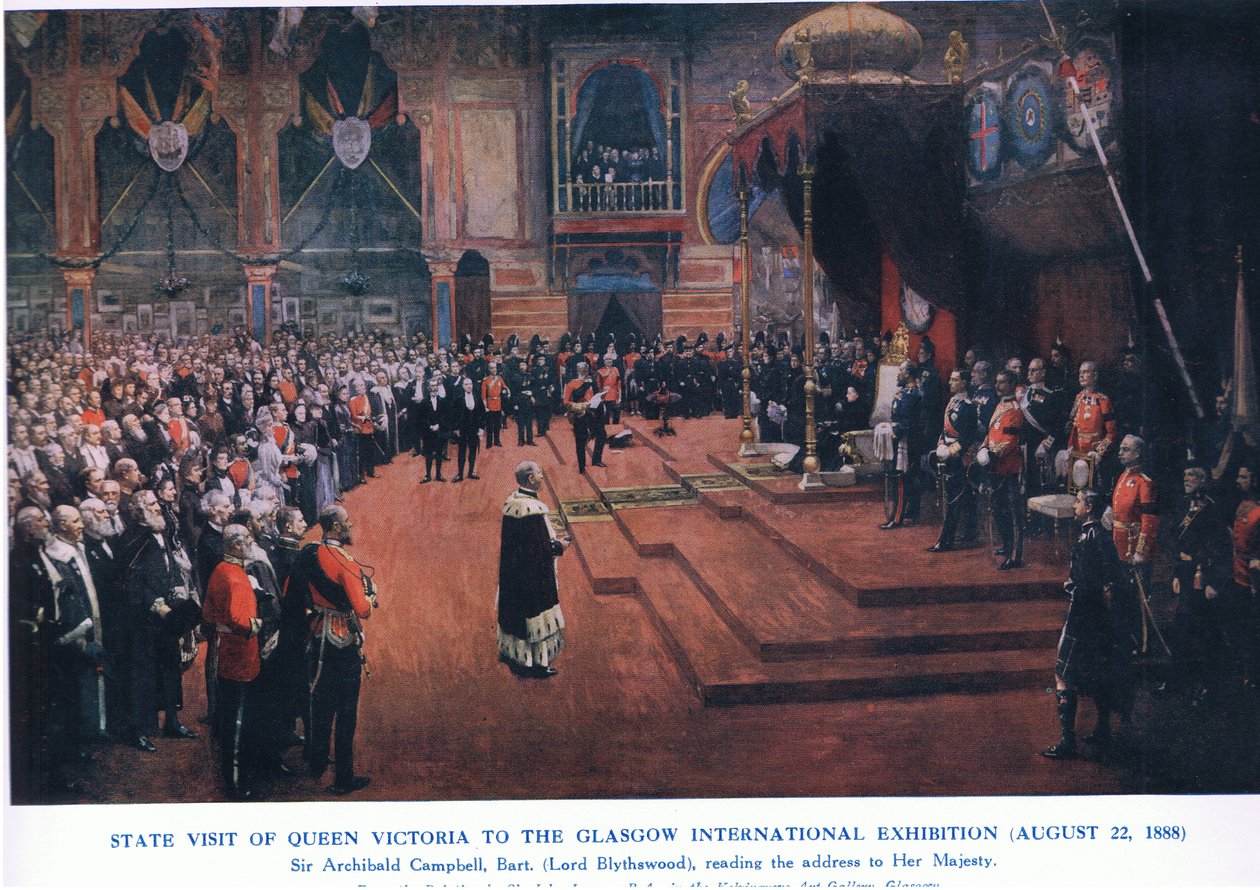 维多利亚女王参观格拉斯哥国际展览会（1888年8月22日），来自英国人的卡塞尔斯历史，由Waverley Book Company Limited出版，c.1940（彩色版画） 作者 约翰·拉维里