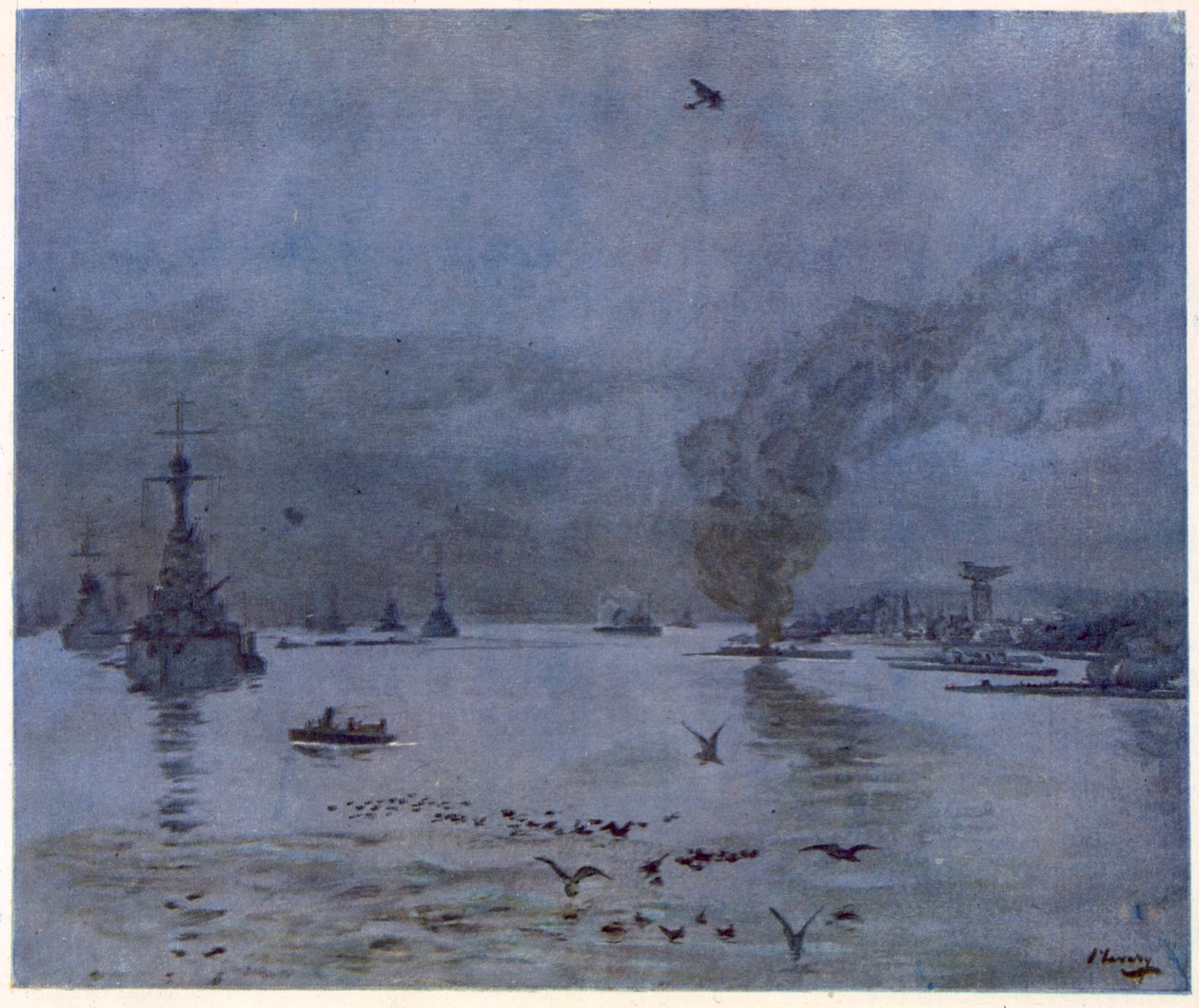 舰队，一个有雾的日子，1917年，来自前线的英国艺术家，1918年西部前线的延续 作者 约翰·拉维里