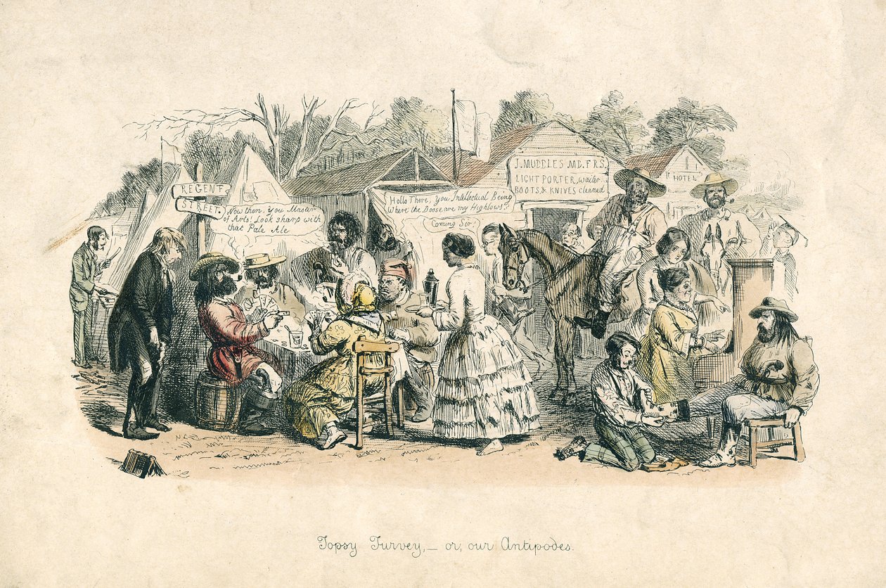 Topsy turvey  - 或者，我们的Antipodes，1864年（手工彩色蚀刻） 作者 约翰·里奇