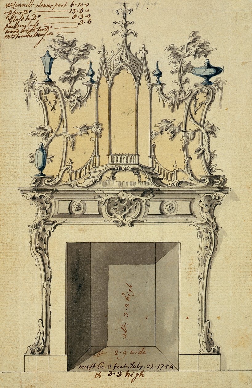 设计洛可可烟囱，1754年（笔墨和纸上的卫生纸） 作者 约翰·林内尔