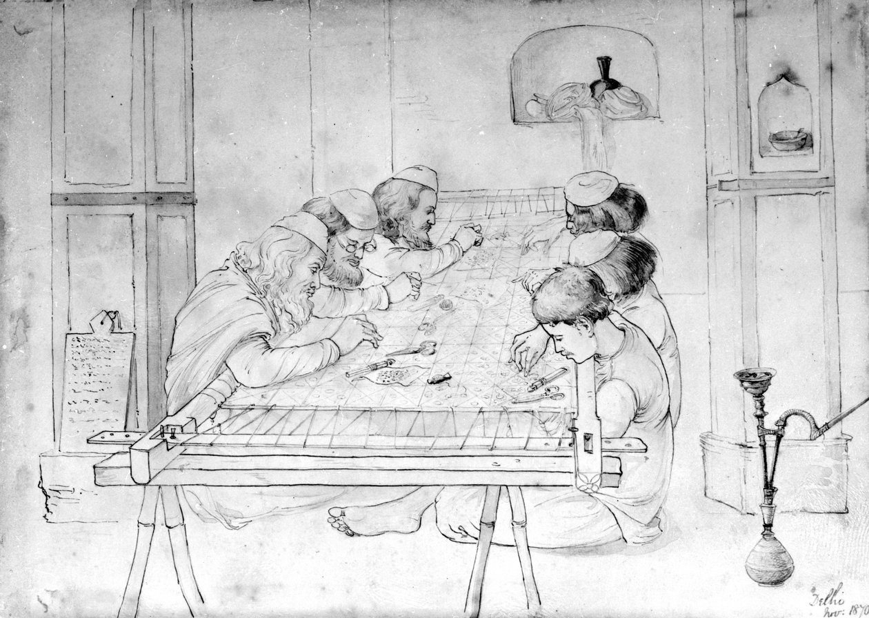 1870年在刺绣框架工作的人（铅笔，纸笔在纸上洗） 作者 约翰·洛克伍德·吉卜林