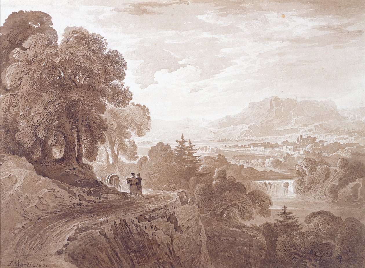 旅行者在1821年河上的道路上（棕色洗在纸上的石墨） 作者 约翰·马丁