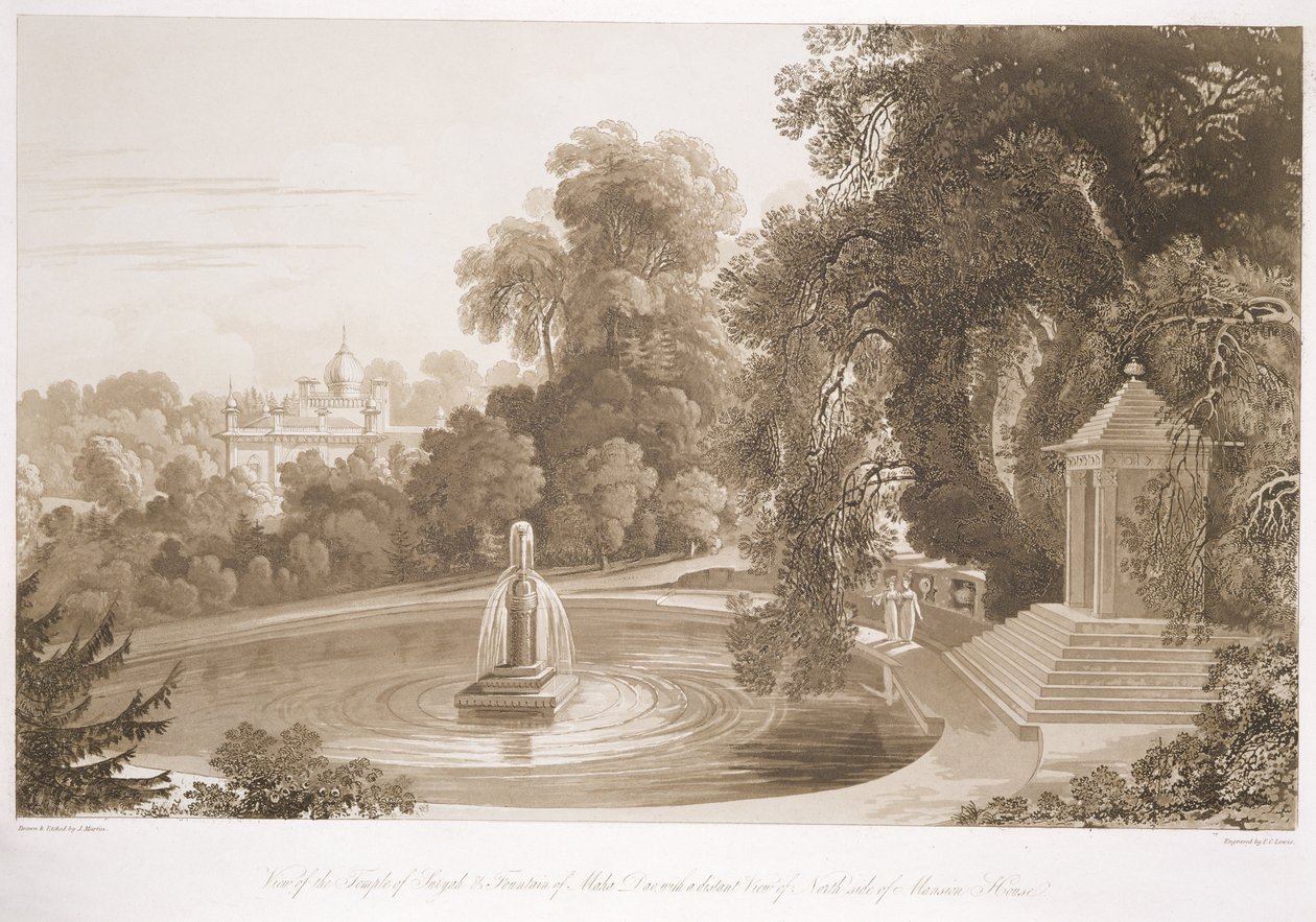 苏里亚神庙和Mahah Doo喷泉的景色与远离眺望的豪宅，Sezincote，由Frederick Christian Lewis Snr雕刻。 （1779-1856），c.1817-18（sep 作者 约翰·马丁