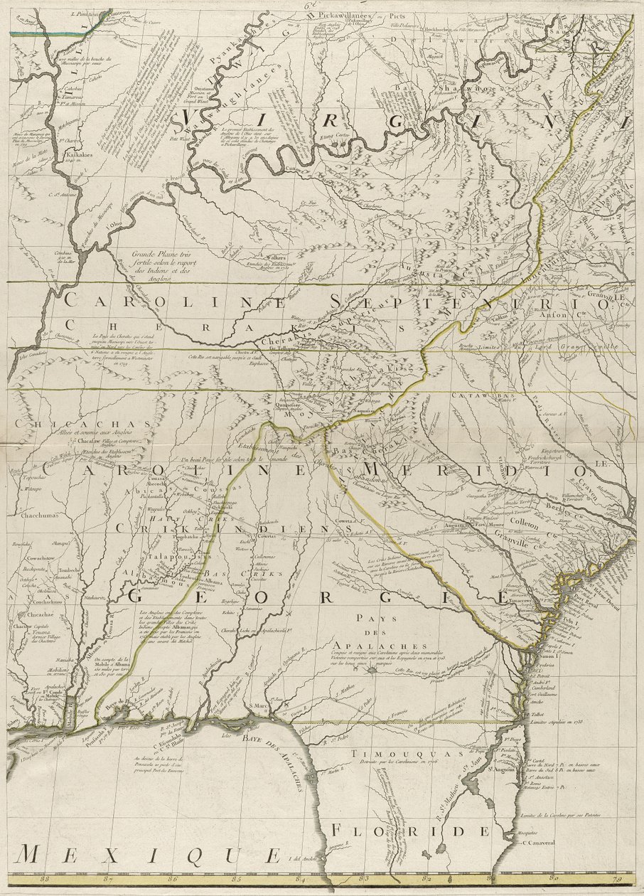 美国1756年英国和法国统治地图（在纸上刻有轮廓颜色） 作者 约翰·米切尔
