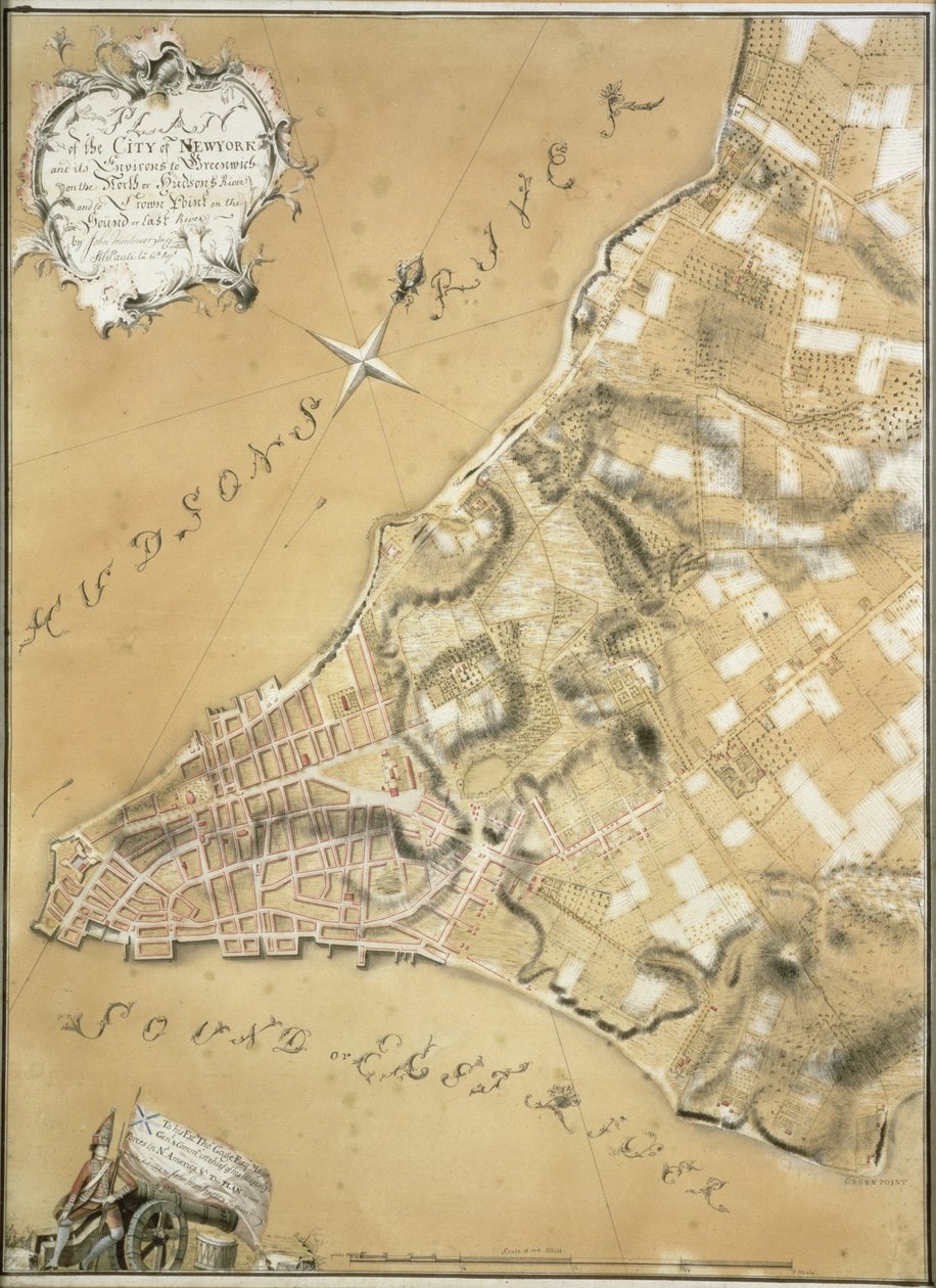 1766年对纽约市及其周边地区格林威治的早期调查（笔和水墨纸上的墨水） 作者 约翰·蒙特索