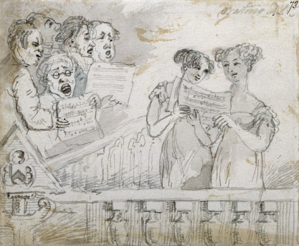 Drury Lane剧院的清唱剧表演，1814年三联画的第一部分（wc和墨水）（另见84544-5） 作者 约翰·尼克松