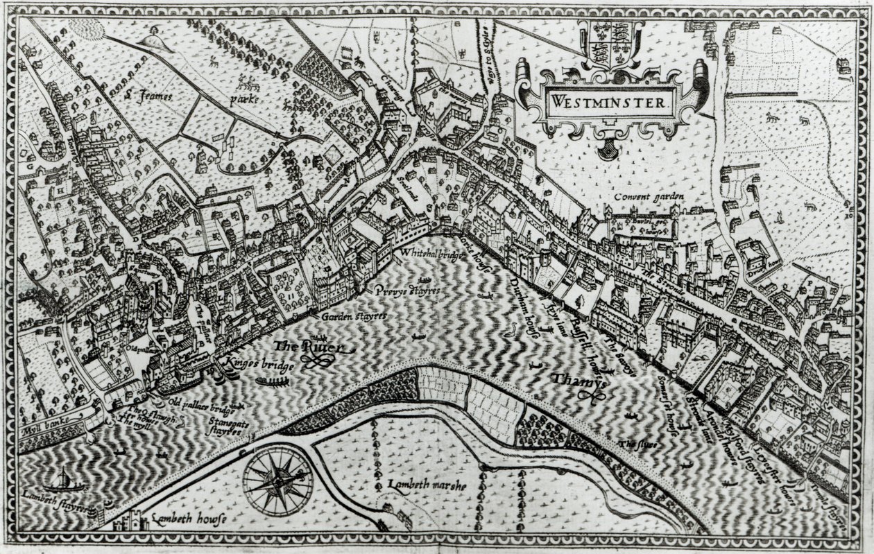 威斯敏斯特地图来自&39;Speculum Britannia&39;，1593 作者 约翰·诺斯