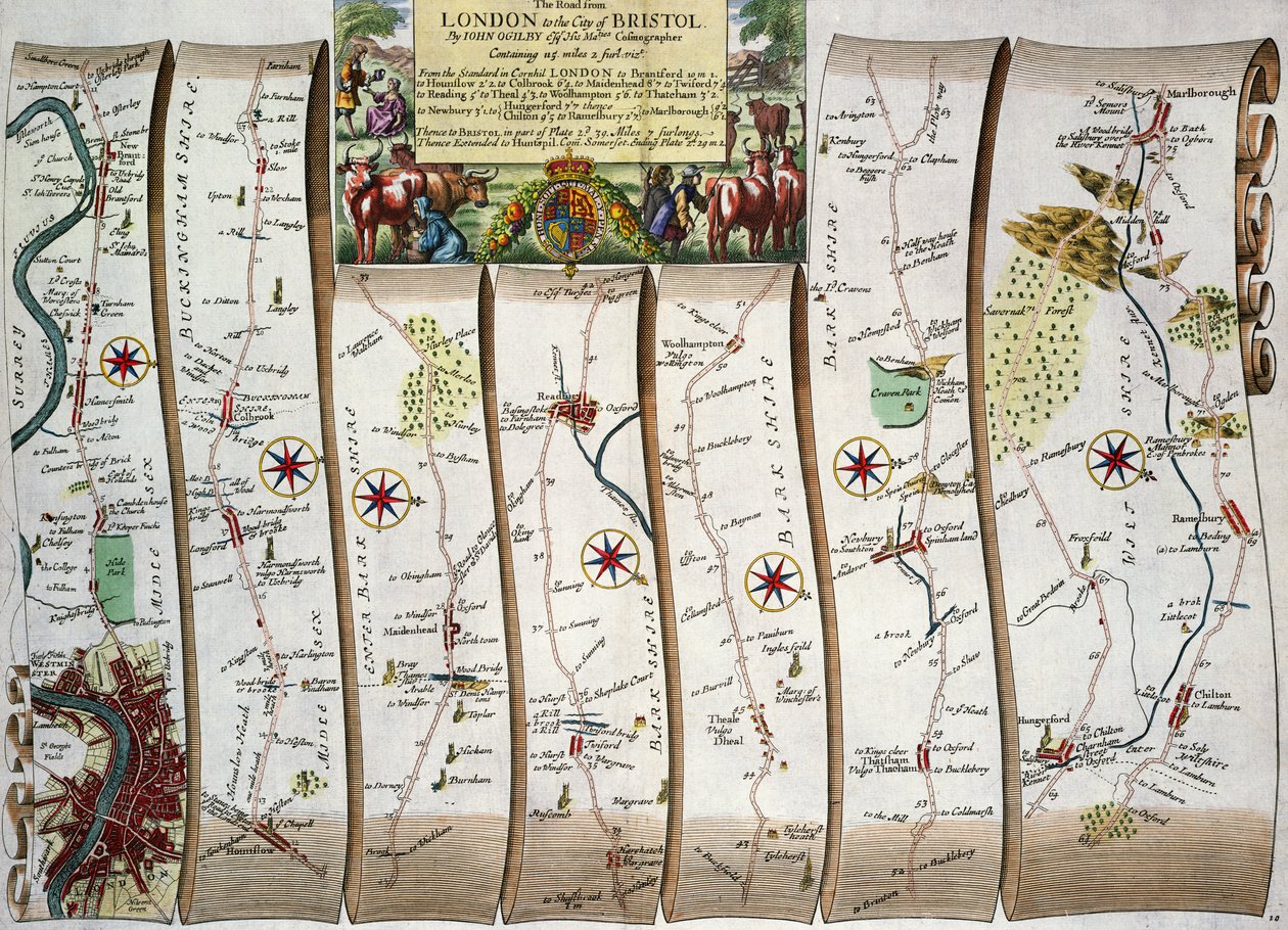 从伦敦到布里斯托尔的道路，从John Ogilby的&39;Britannia&39;出版，伦敦出版，1675年（手工彩色雕刻） 作者 约翰·奥吉尔比