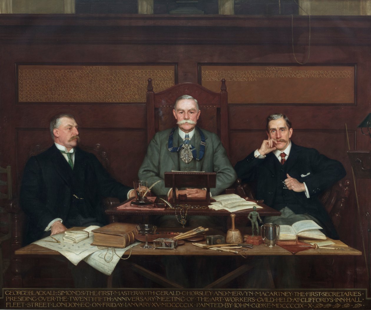 G. Blackall-Simonds（第一大师），与Gerald Horsley和Mervyn Macartney共同主持伦敦舰队街克利福德酒店大厅艺术工作者协会25周年纪念会议 作者 约翰·珀西·库克
