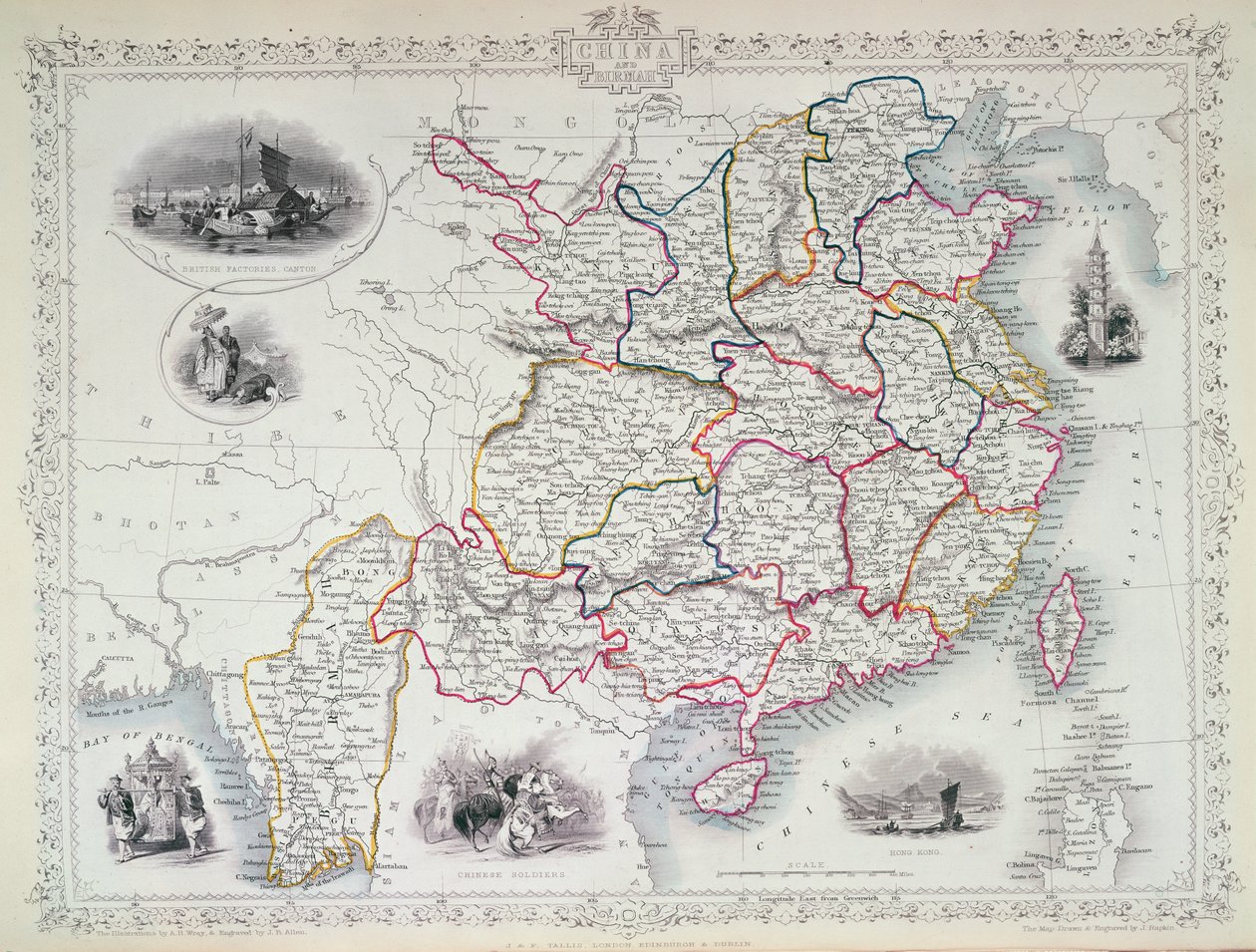 中国地图和Birmah，1851年（彩色雕刻） 作者 约翰·拉普金