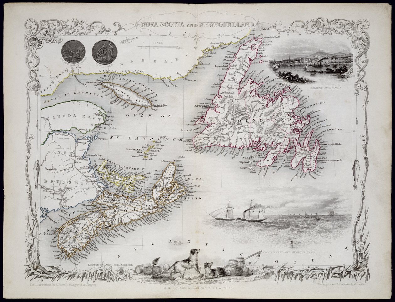新斯科舍省和纽芬兰，由John Tallis und Co.，纽约和伦敦出版的世界地图系列，1850年代 作者 约翰·拉普金