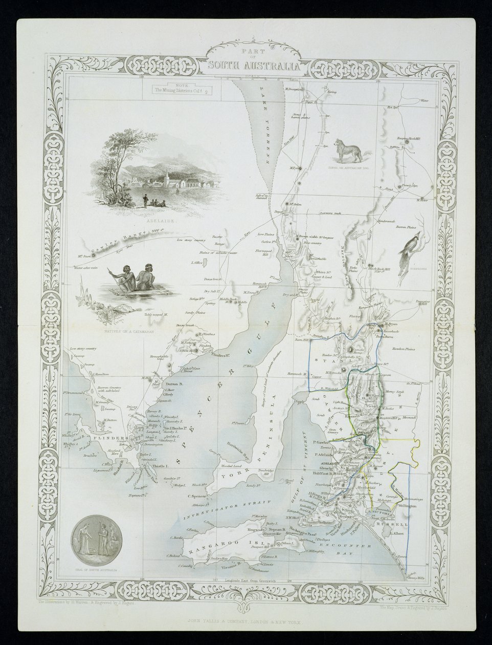 南澳大利亚的一部分，来自John Tallis und Co，纽约和伦敦，1850年代出版的世界地图系列 作者 约翰·拉普金