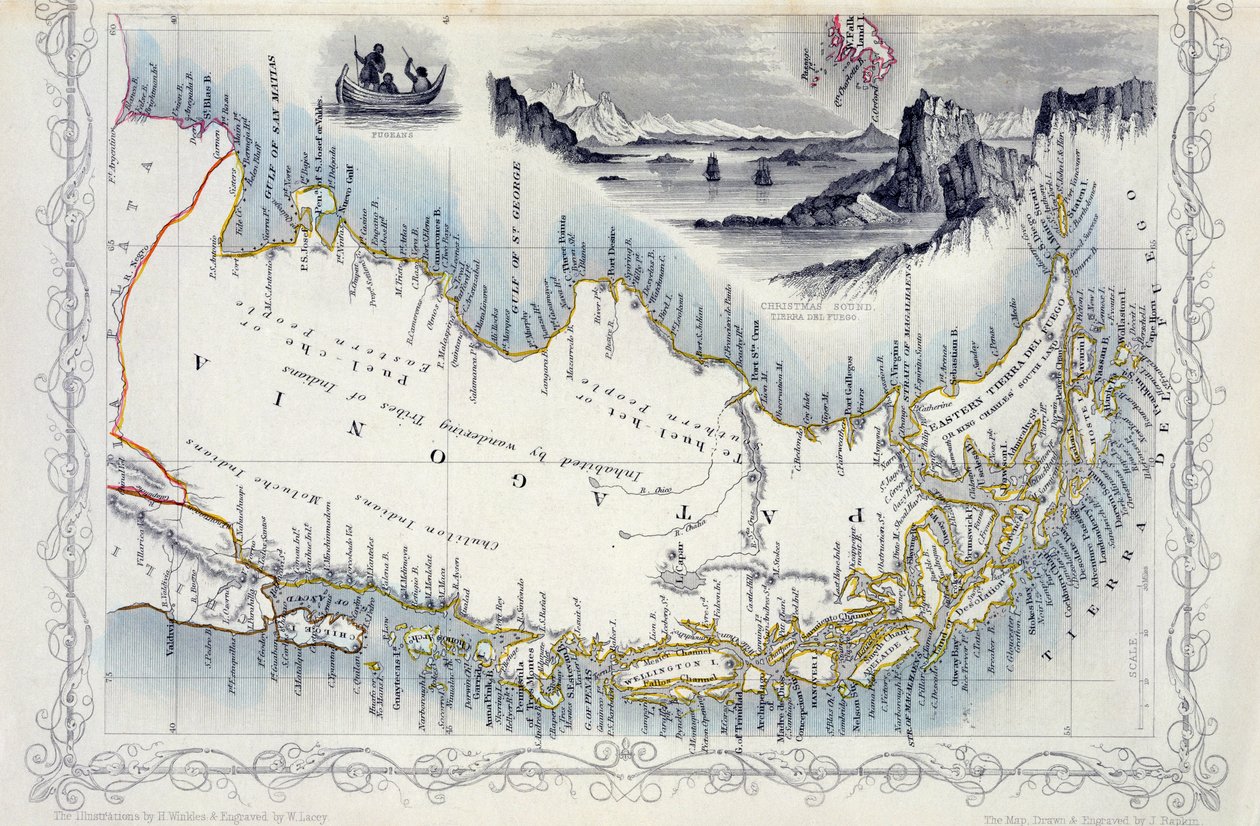 巴塔哥尼亚，出自John Tallis und Co.，纽约和伦敦，1850年代出版的世界地图系列 作者 约翰·拉普金