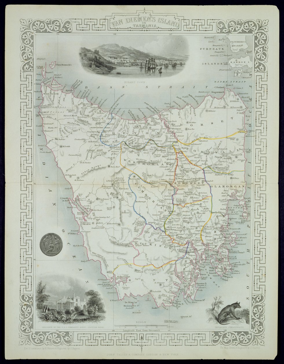 Van Diemen的岛屿或塔斯马尼亚，来自John Tallis und Co.，London und New York，1850年代出版的世界地图系列 作者 约翰·拉普金