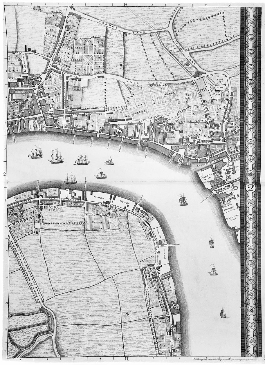 1746年伦敦Limehouse和Rotherhithe的地图 作者 约翰·罗克