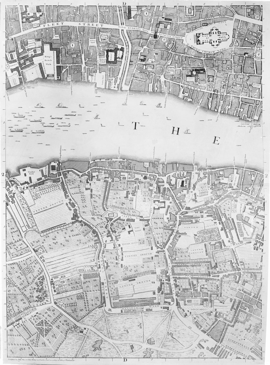 1746年伦敦St Pauls和Bankside地图 作者 约翰·罗克