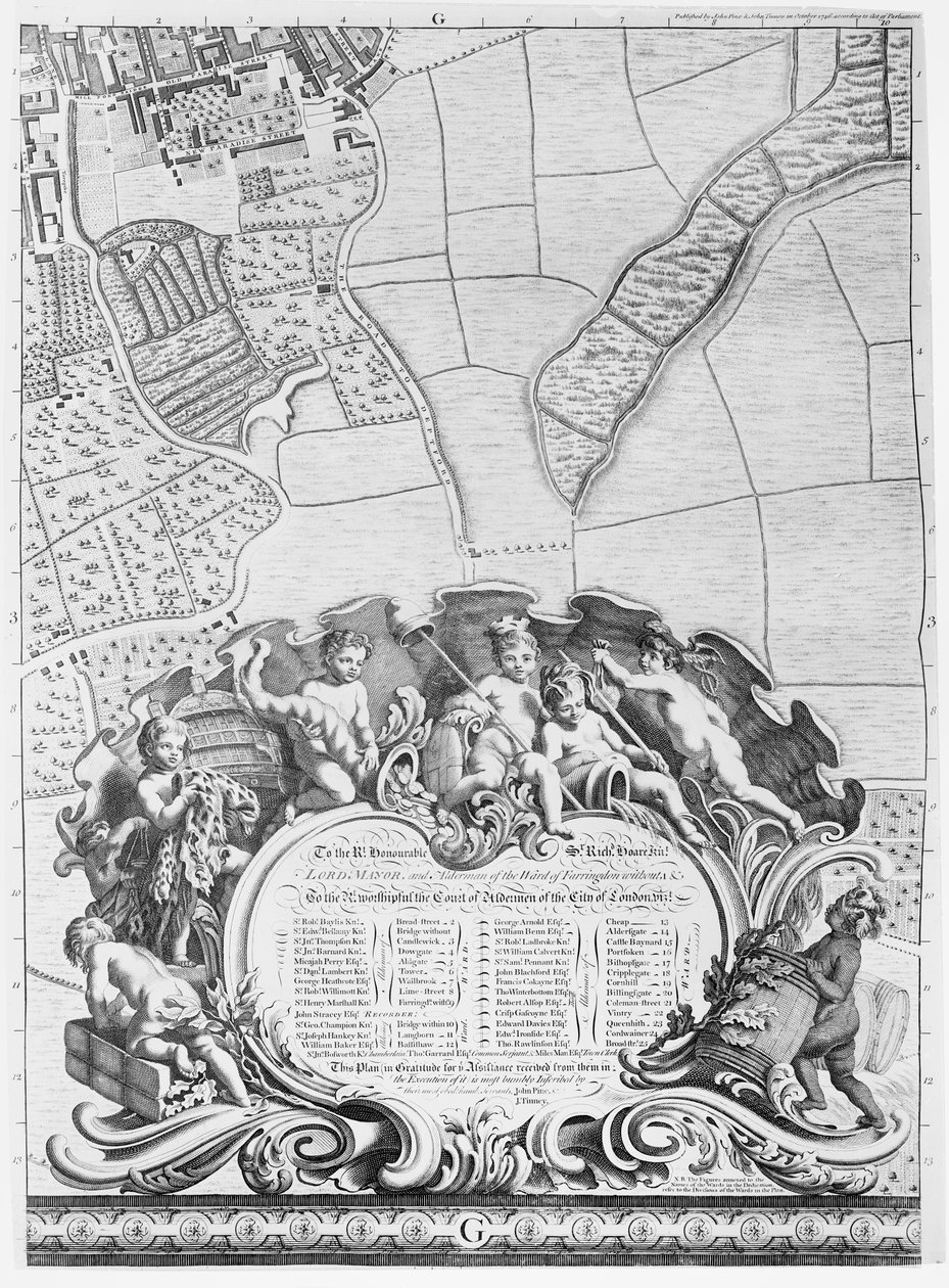 罗克的伦敦地图铭文，列出了该市的奥尔德曼及其地区，1746年 作者 约翰·罗克