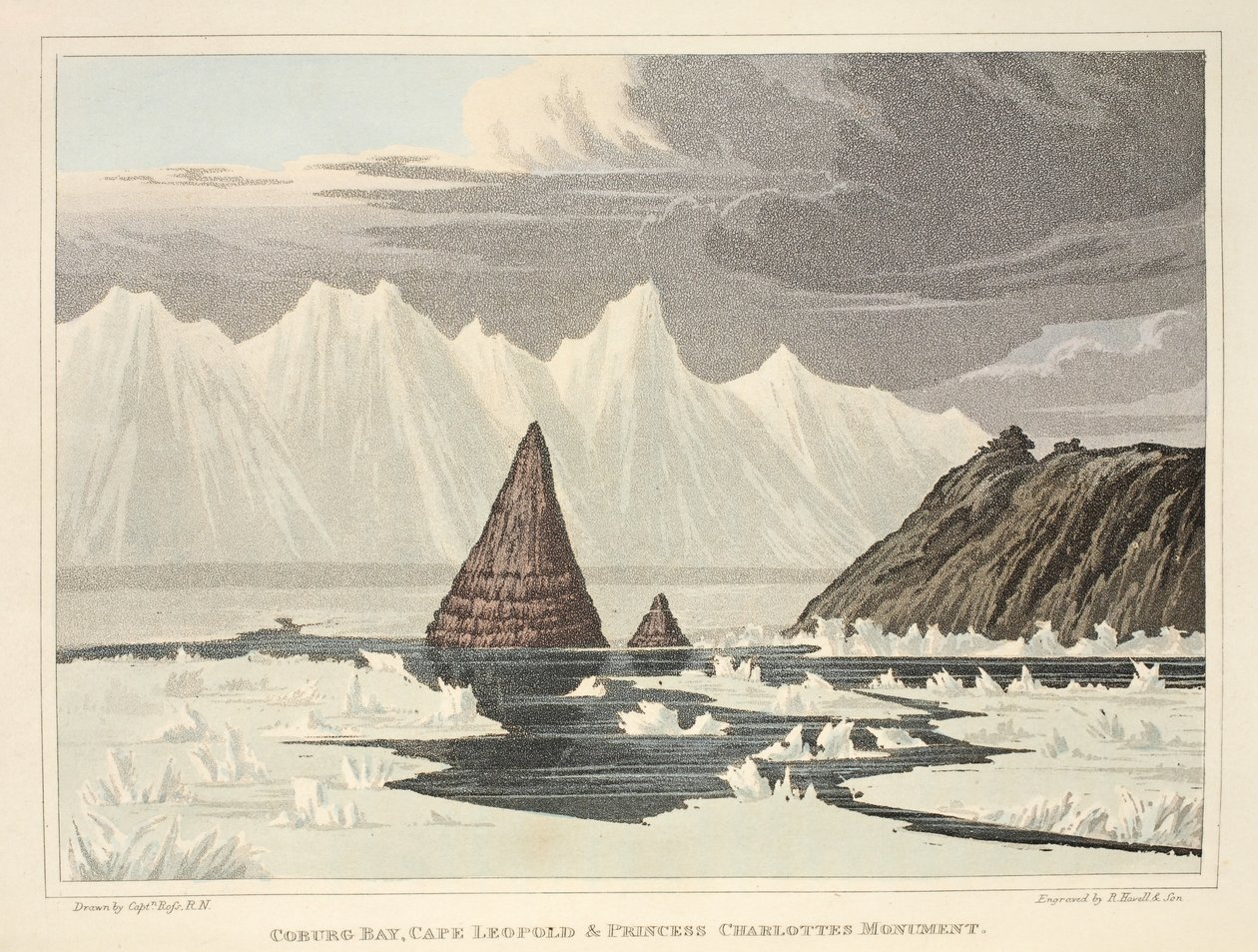 科堡湾，Cape Leopold和夏洛特公主纪念碑，插图来自&39;发现之旅......&39;，1819年（手工彩色雕刻） 作者 约翰·罗斯