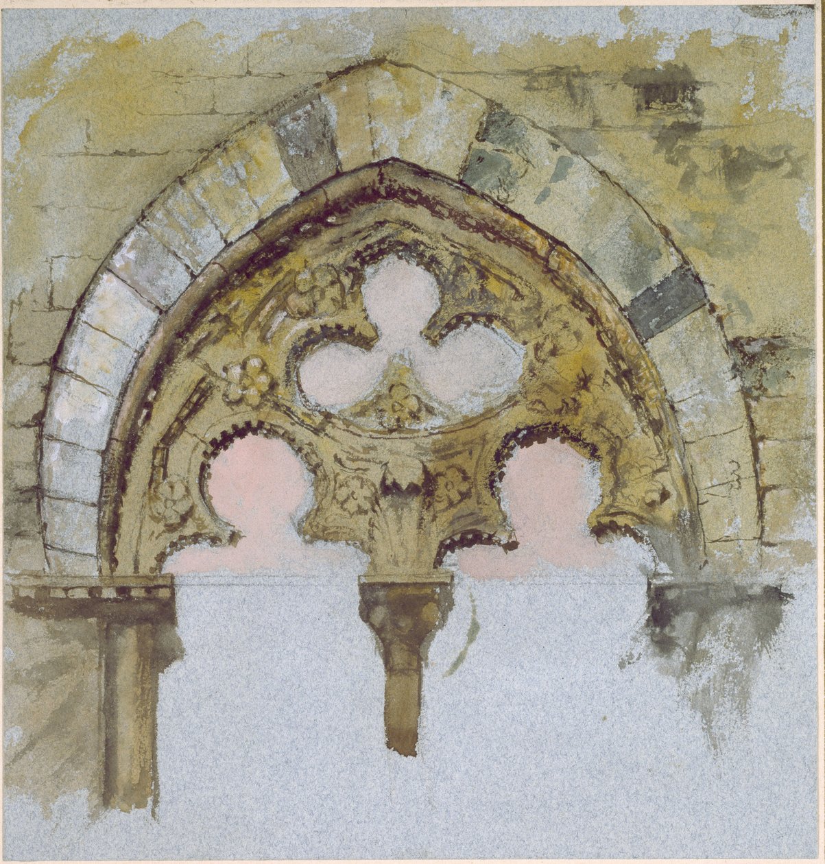 锡耶纳Palazzo Tolomei的窗户，显示1870年6月25日至27日的粗糙和不对称的大量石头铺设（水彩和蓝色编织纸上的石墨上的体色） 作者 约翰·拉斯金