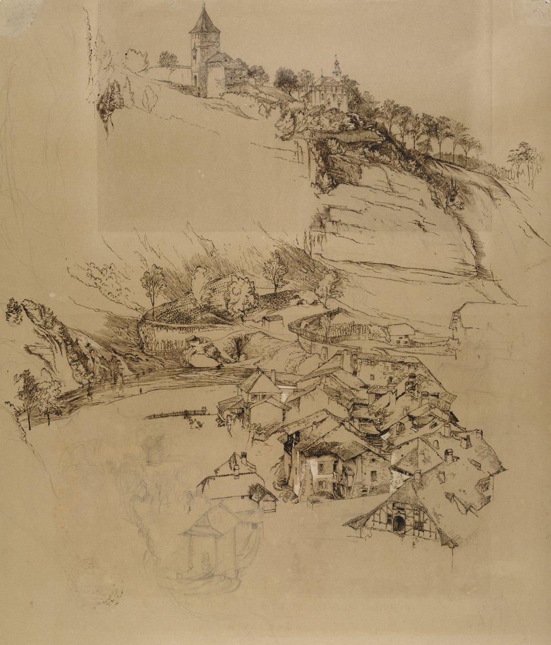 瑞士弗里堡：钢笔素描，7月或8月 -  1856年9月（笔和石墨与棕色编织纸上的白色体色） 作者 约翰·拉斯金