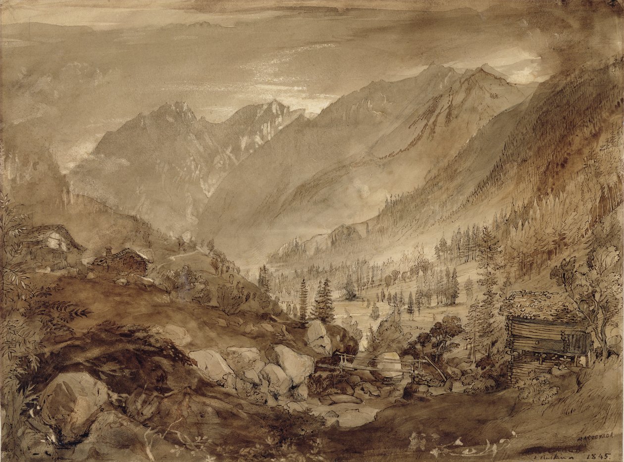 山地景观，Macugnaga，1845年（笔和棕色墨水和铅笔在纸上洗） 作者 约翰·拉斯金