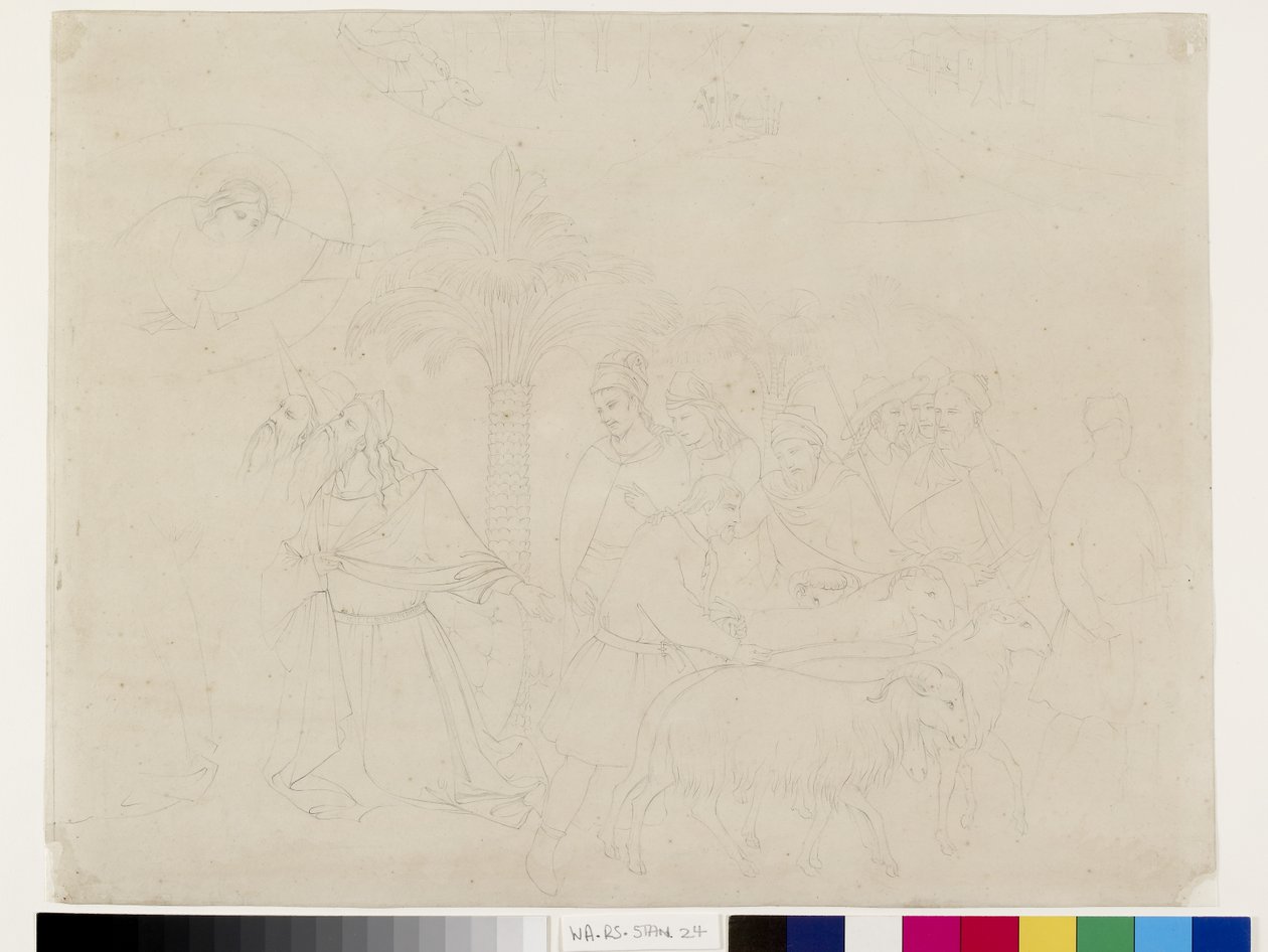 1845年5月14日至16日，Taddeo Gaddi的作品之友在比萨坎波桑托的部分壁画的铅笔轮廓（编织纸上的石墨） 作者 约翰·拉斯金