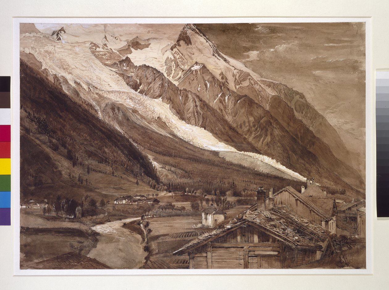 Recto：1849年6月，Chamonix的Glacier des Bossons（用棕褐色墨水笔和洗涤剂，以及在织物纸上用石墨打磨） 作者 约翰·拉斯金