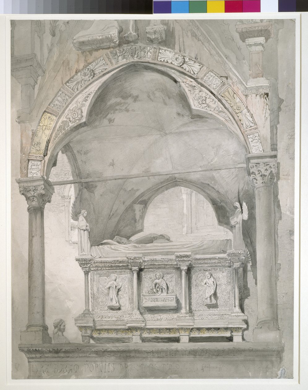 研究维罗纳Mastino II della Scala墓的石棺和树冠细节，1852年石墨和水彩画在纸上 作者 约翰·拉斯金