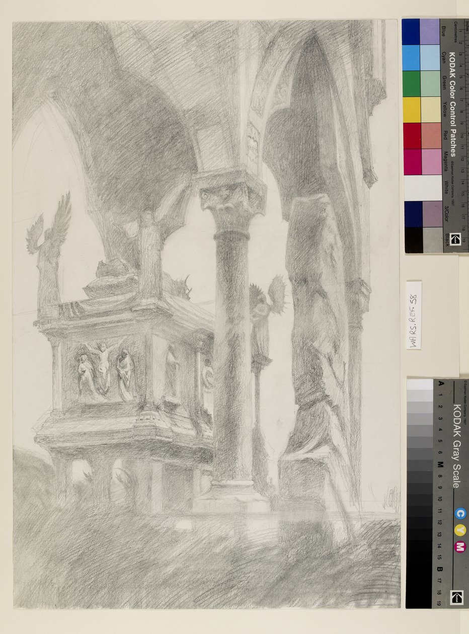 研究维罗纳Mastino II della Scala墓的石棺和树冠的一般Chiaroscuro，c。 1869年（纸上石墨） 作者 约翰·拉斯金