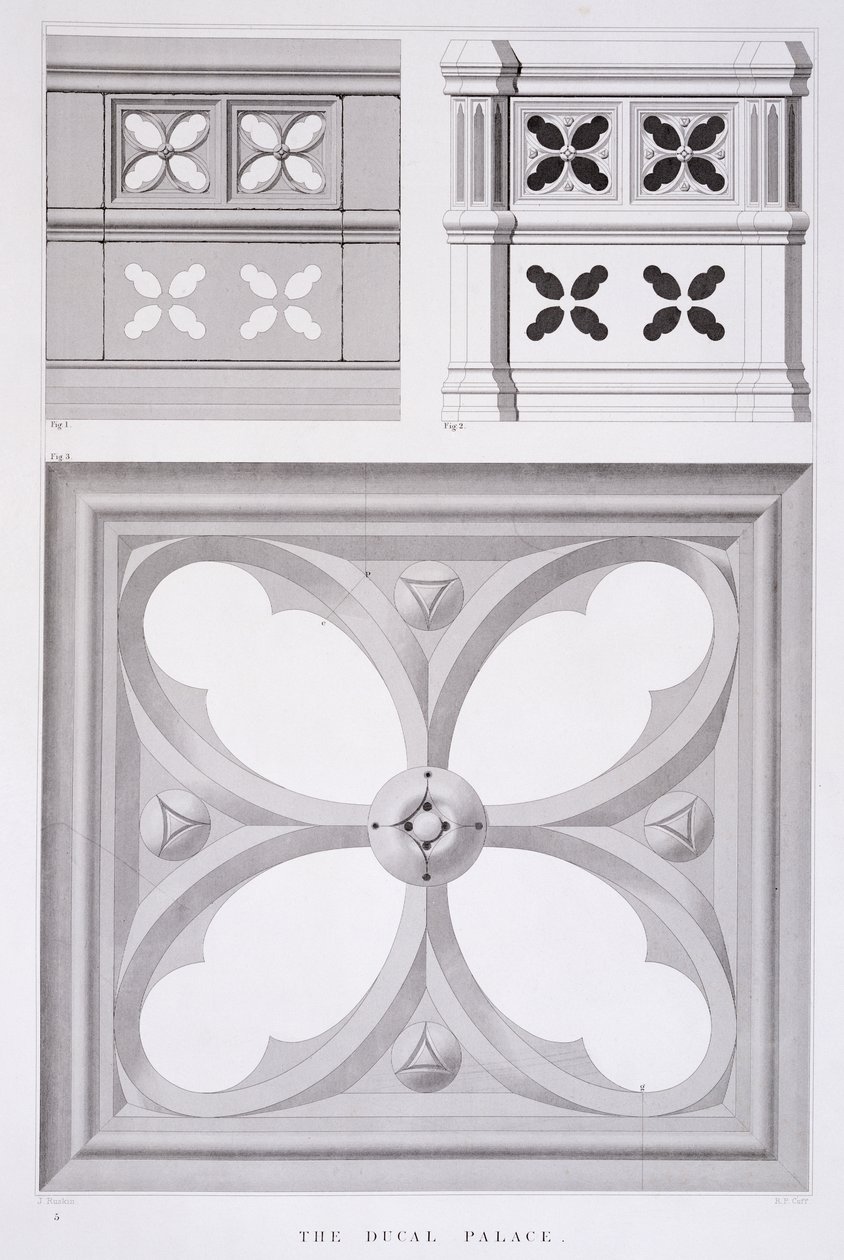 公爵宫，南方阳台的隔间，来自John Ruskin的“威尼斯建筑的例子”，RP Cuff的aquatint，1851（aquatint） 作者 约翰·拉斯金