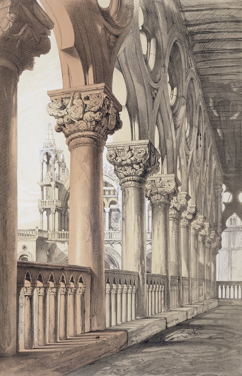 公爵宫，文艺复兴时期的长廊，来自John Ruskin撰写的“威尼斯建筑的典范”，由G.Rosenthal雕刻，1851年 作者 约翰·拉斯金