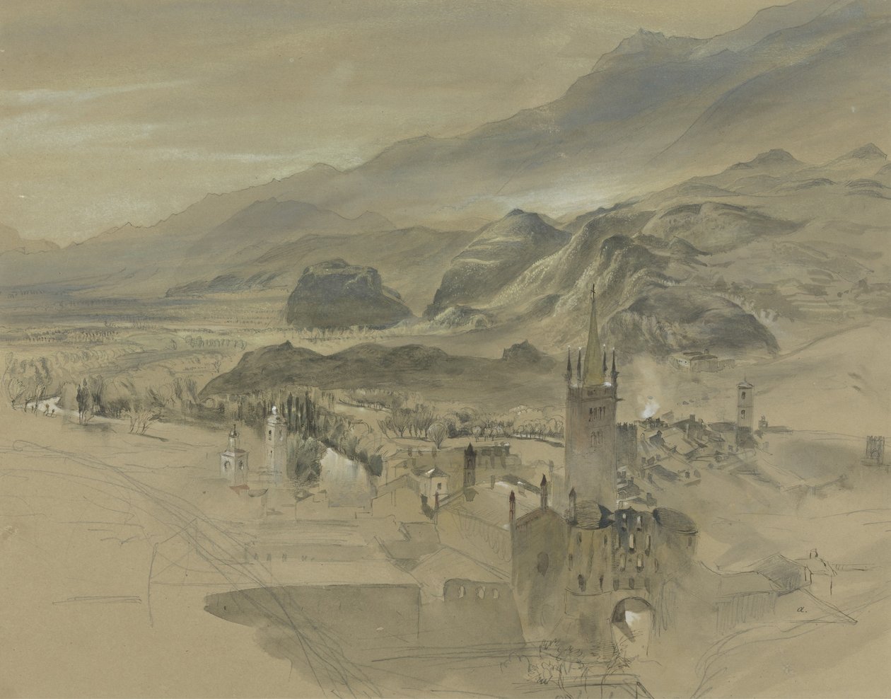 d来自Chateau de Valere的Cion，Valais的视图，c.1863（纸张上的石墨和纸张上的石墨） 作者 约翰·拉斯金