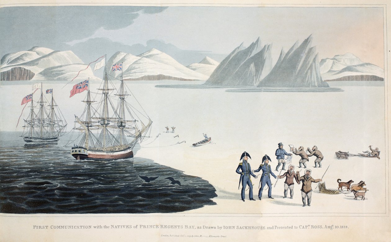 1818年8月10日与摄政湾当地人的第一次交流，发现之旅的插图......，1819彩色光刻 作者 约翰·萨克豪斯