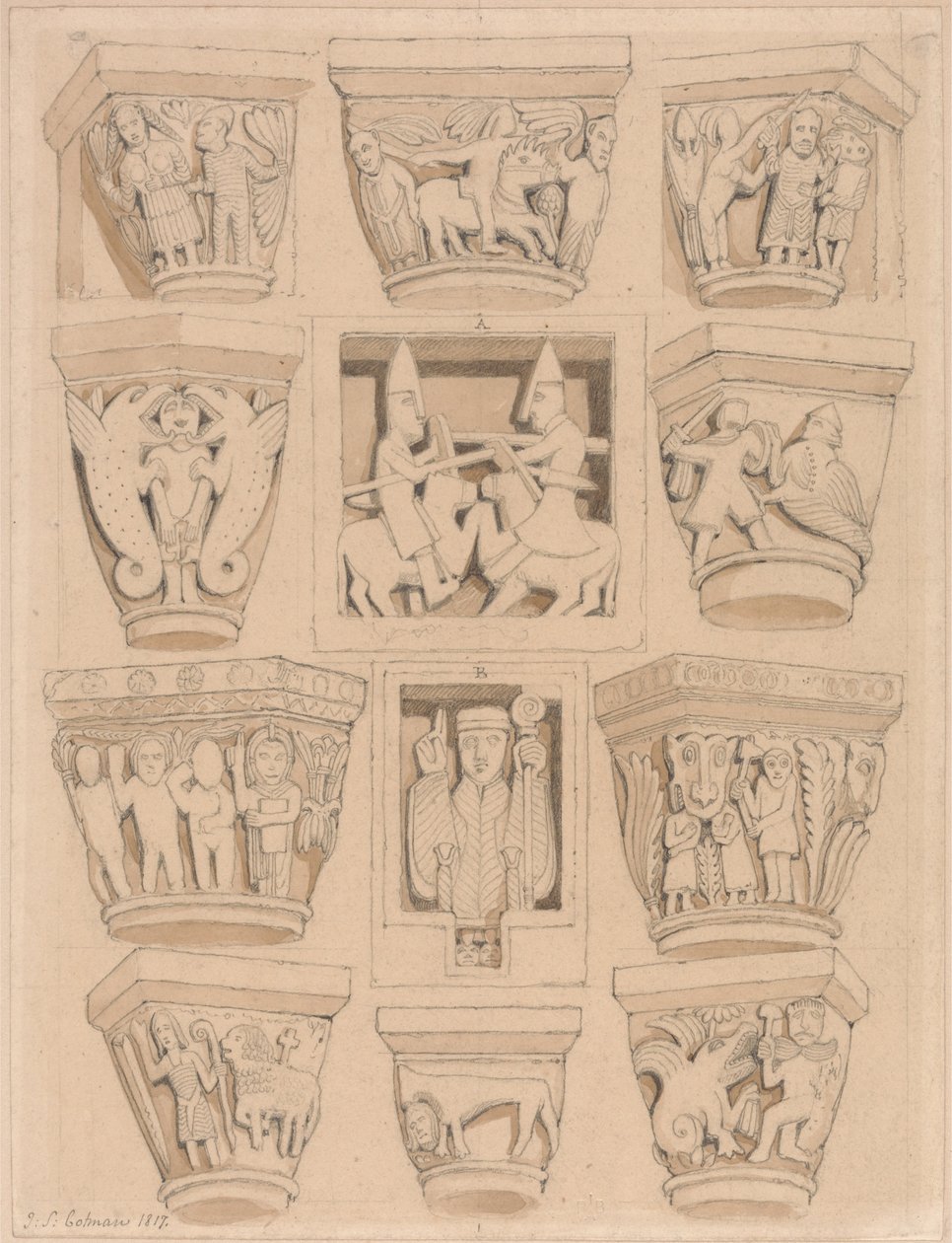 在Rouen附近的Saint Georges de Bocherville修道院教堂的首都和A和B Bas-Reliefs，Norm ... 作者 约翰·塞尔·科特曼