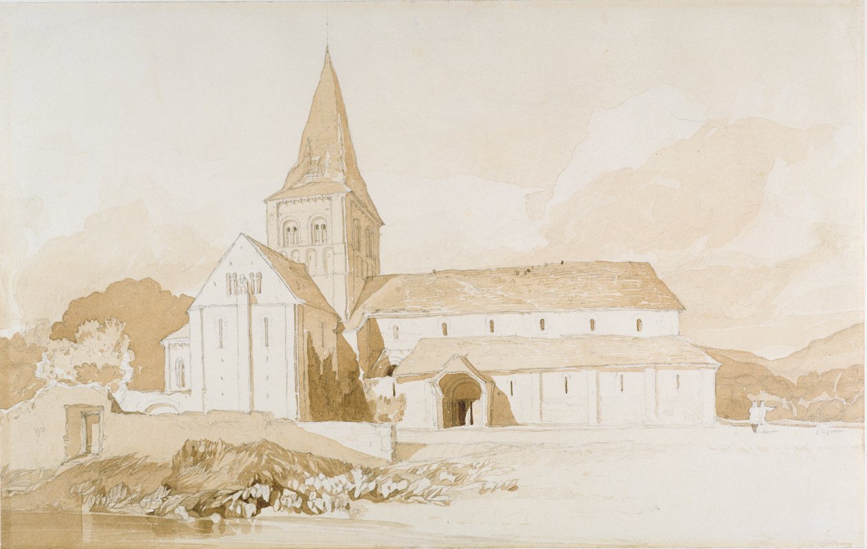 Notre Dame on the Water，Domfront，Normandy，c.1820（棕色水洗和纸上石墨） 作者 约翰·塞尔·科特曼
