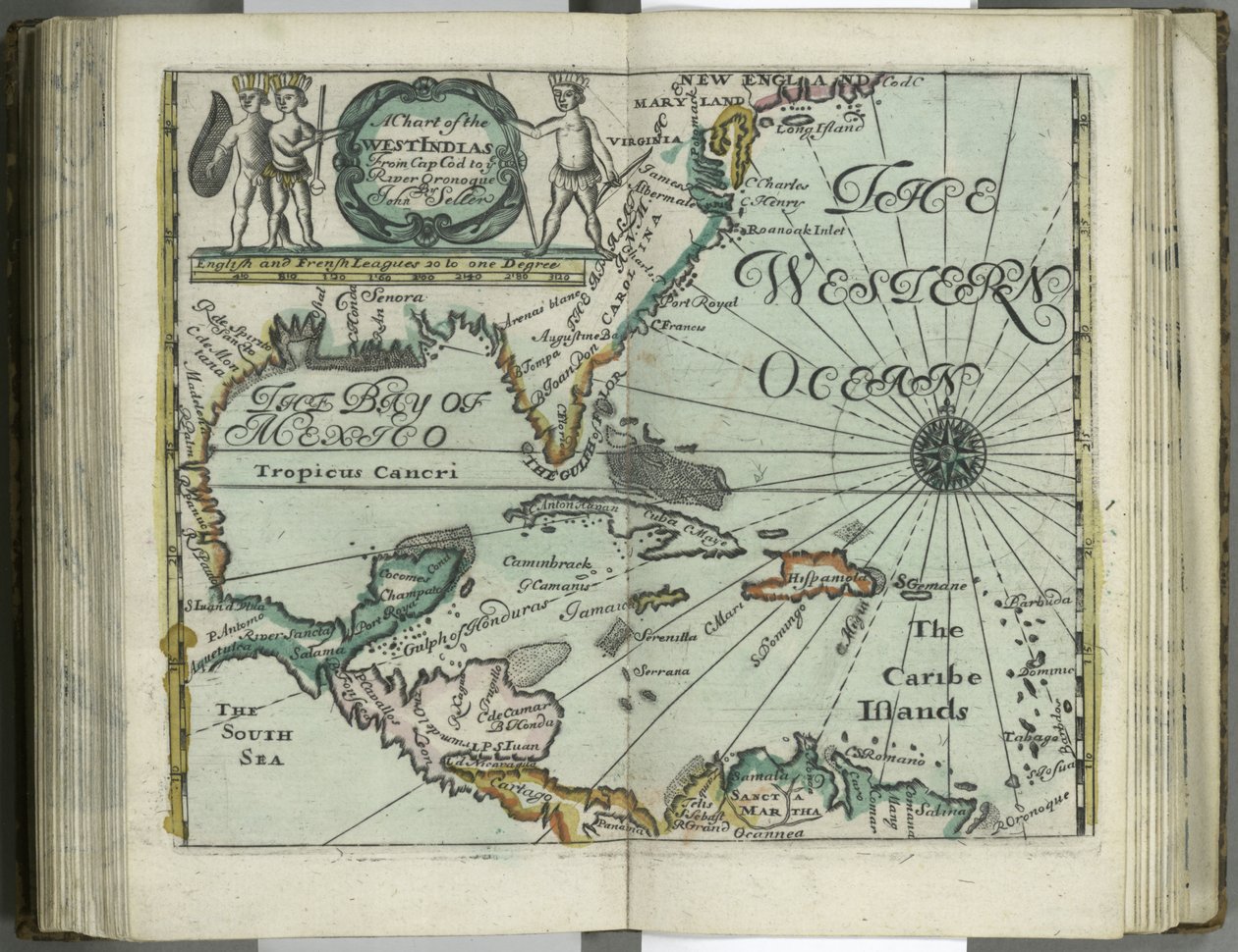 西印度群岛从科德角到河流Oronoque的图表，来自Atlas maritimus，约翰·卖家，1682年（手工彩色雕刻） 作者 约翰·塞勒