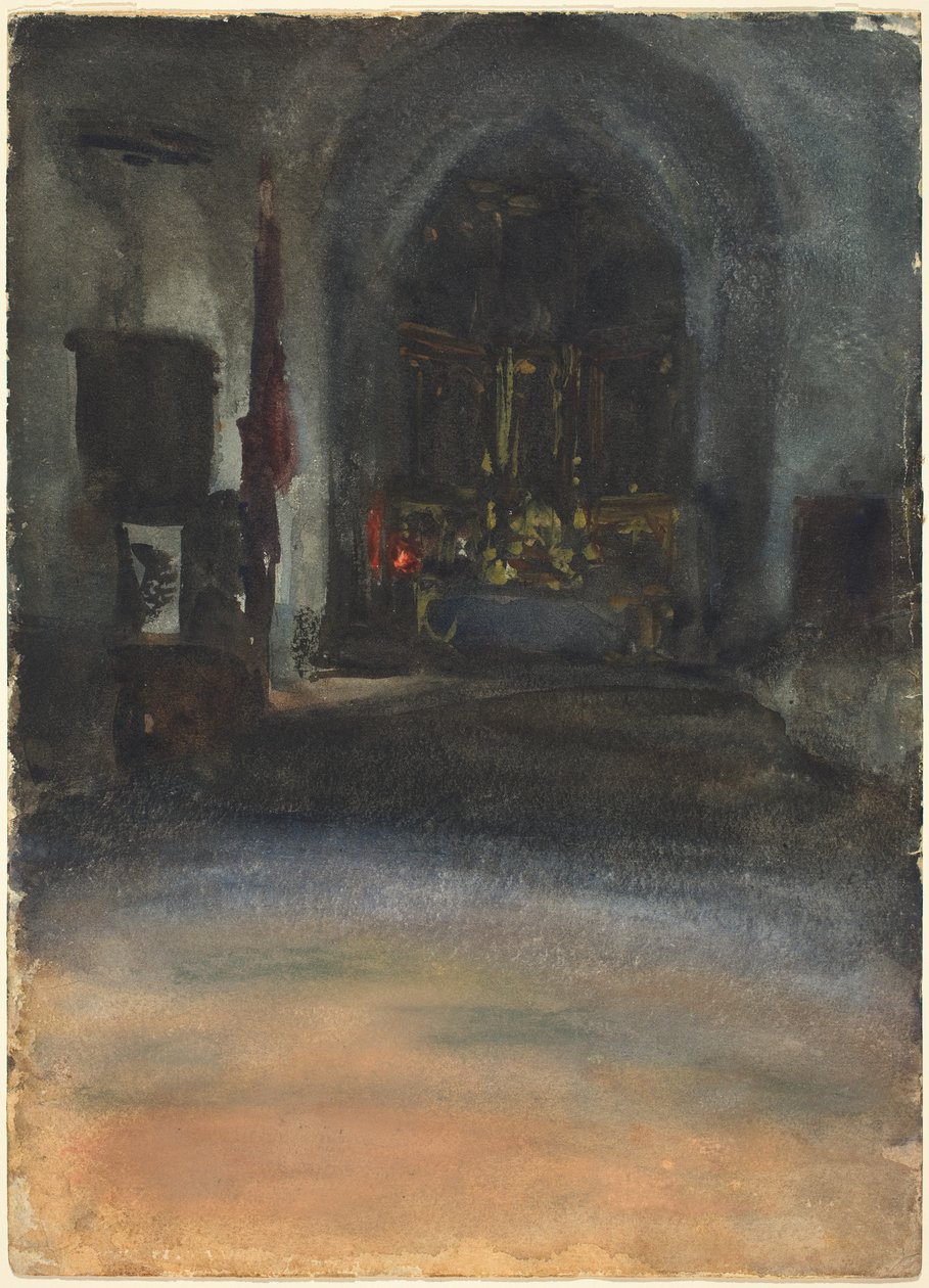 西班牙教堂内部，1880年（编织纸上的水彩画） 作者 约翰·辛格·萨金特