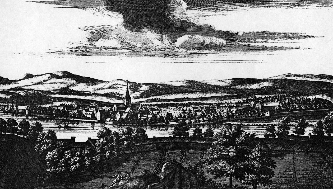 来自约翰·莱尔泽的“Theattrum Scotiae”的珀斯镇的前景，于1693年出版 作者 约翰·斯莱泽