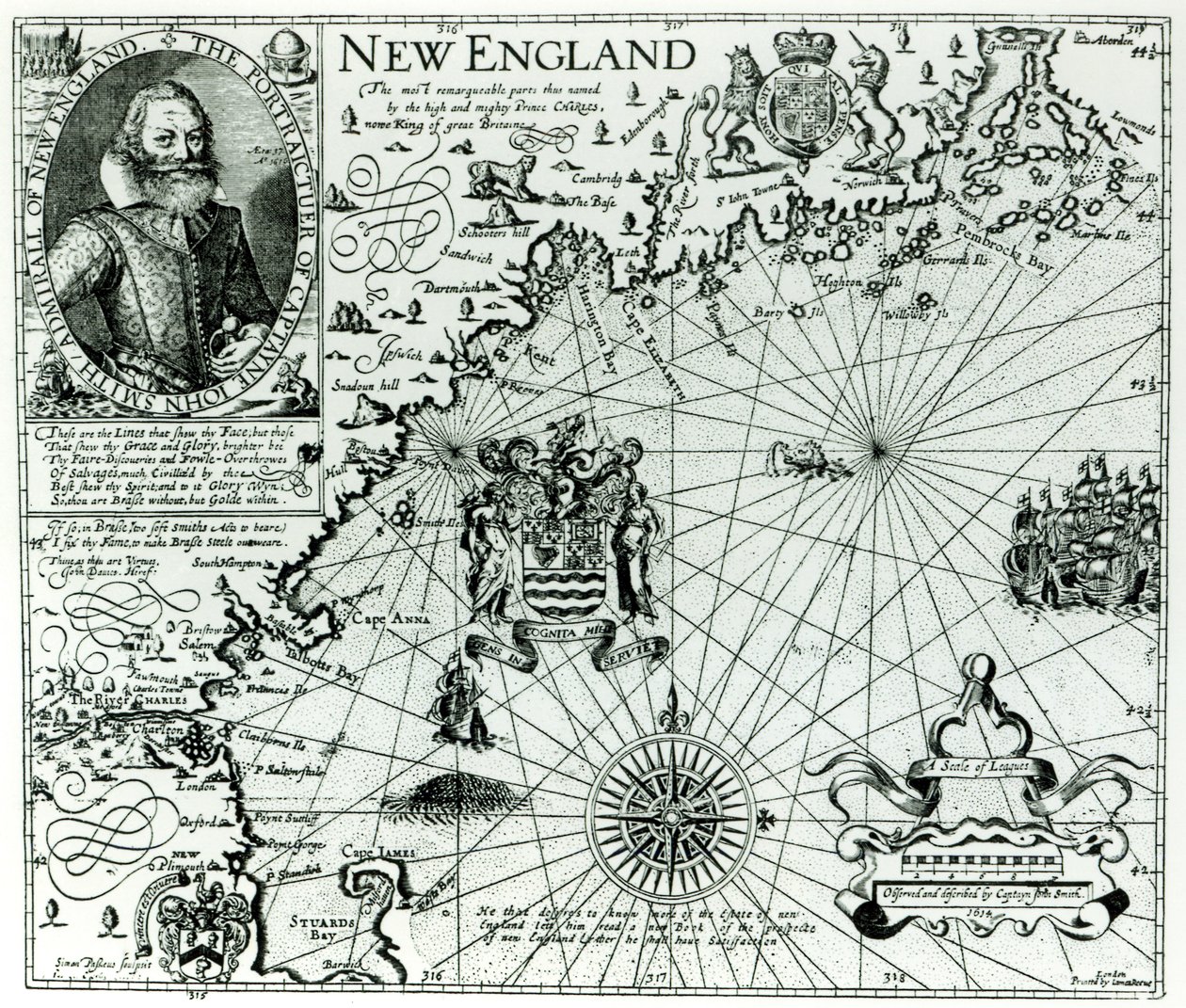 1614年新英格兰海岸线地图，由Simon de Passe（1595-1647）1616年刻 作者 约翰史密斯 2