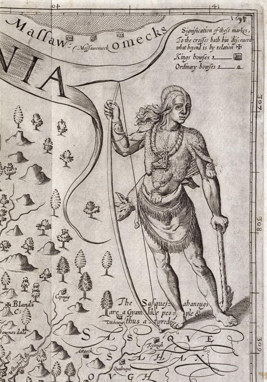 Susquehannock战士，来自弗吉尼亚州地图的详细信息，由William Hole（fl.1607-24）雕刻，1612年出版（见174211） 作者 约翰史密斯 2