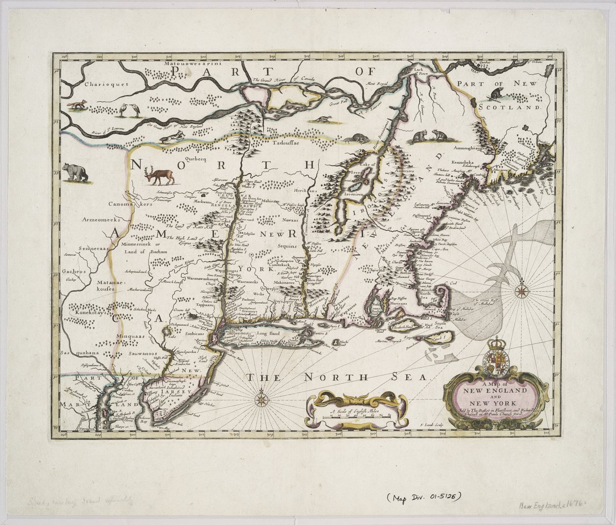1676年约翰·斯皮德的英国帝国剧院的新英格兰和纽约地图（彩色印刷） 作者 约翰·斯皮德