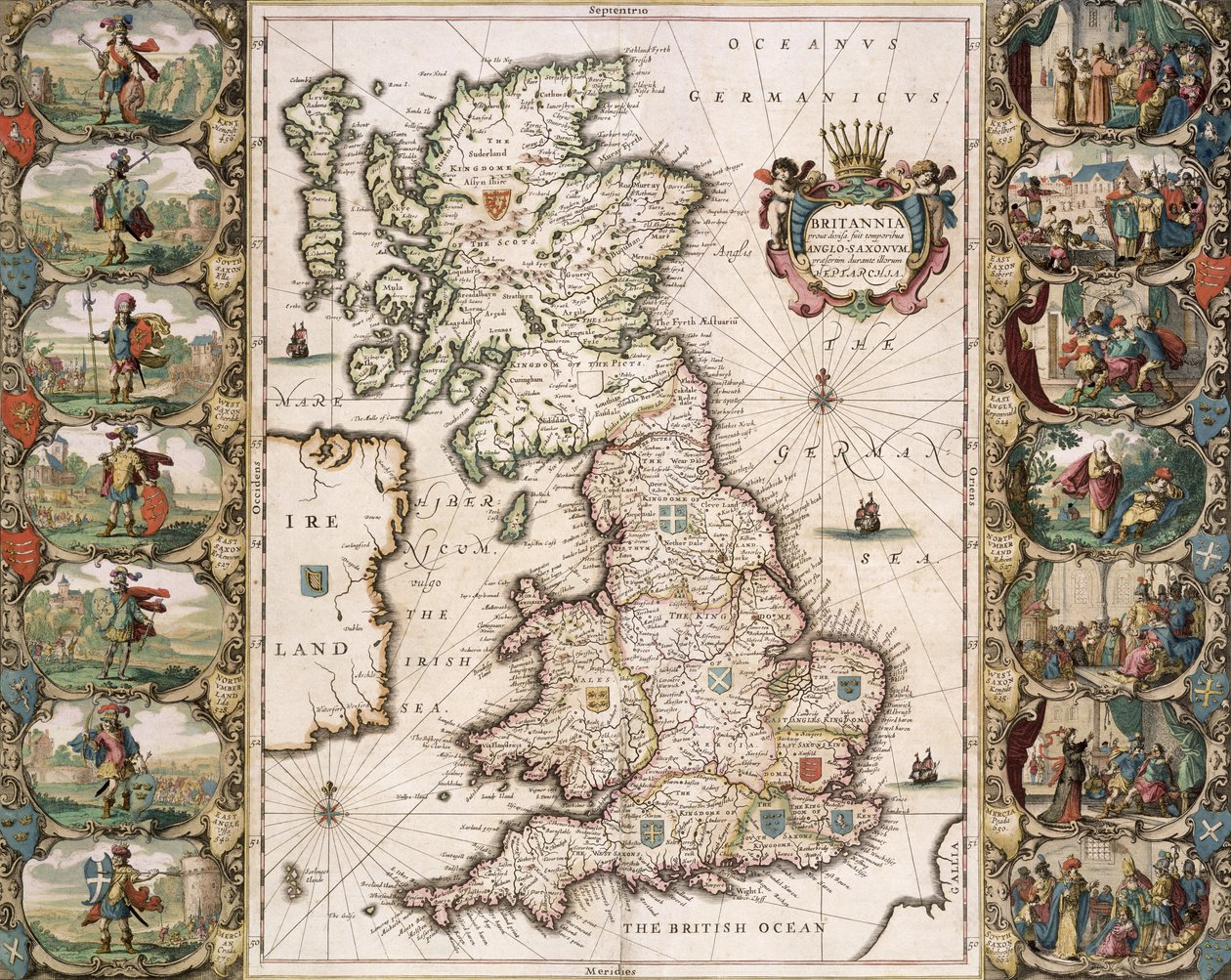 英国，因为它被划分为英格兰撒克逊人的泰姆，1616年（彩色雕刻） 作者 约翰·斯皮德