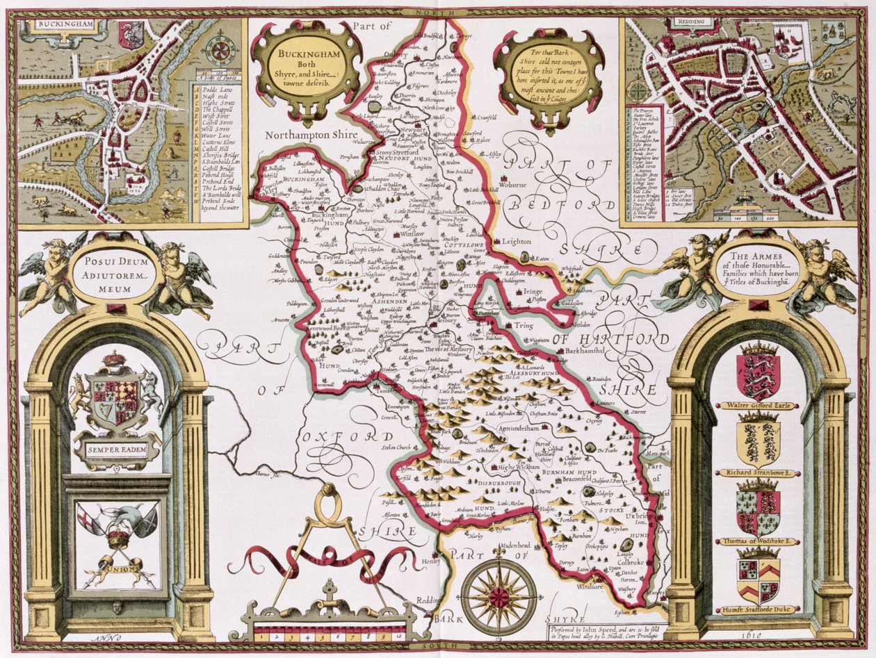 白金汉郡，由John Speed的“英国帝国剧院”中的Jodocus Hondius（1563-1612）雕刻，酒吧。作者：John Sudbury和George Humble，1611-12（手工彩色铜版画） 作者 约翰·斯皮德