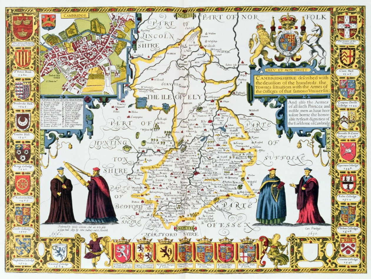 剑桥郡，由John Speed的“英国帝国剧院”的Jodocus Hondius（1563-1612）雕刻而成。作者：John Sudbury和George Humble，1611-12（手工彩色铜版画） 作者 约翰·斯皮德
