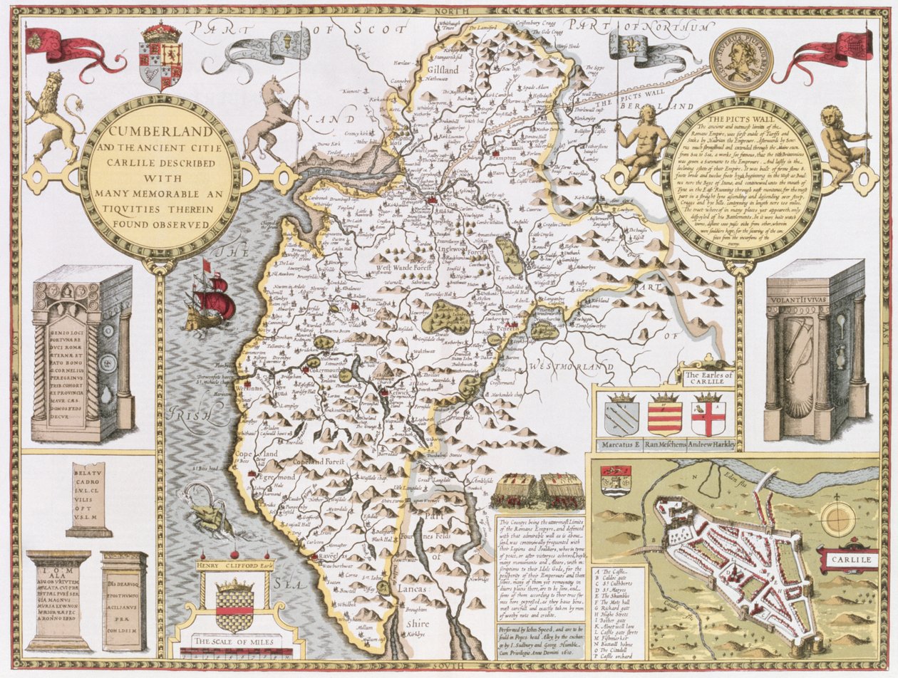 坎伯兰和卡莱尔古城，由John Speed的“英国帝国剧院”的酒吧Jodocus Hondius（1563-1612）雕刻而成。作者：John Sudbury和George Humble，1611-12（hand co 作者 约翰·斯皮德