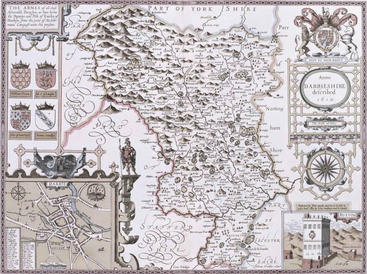 Darbieshire，由John Speed的“英国帝国剧院”的Jodocus Hondius（1563-1612）雕刻，酒吧。作者：John Sudbury和George Humble，1611-12（手工彩色铜版画） 作者 约翰·斯皮德