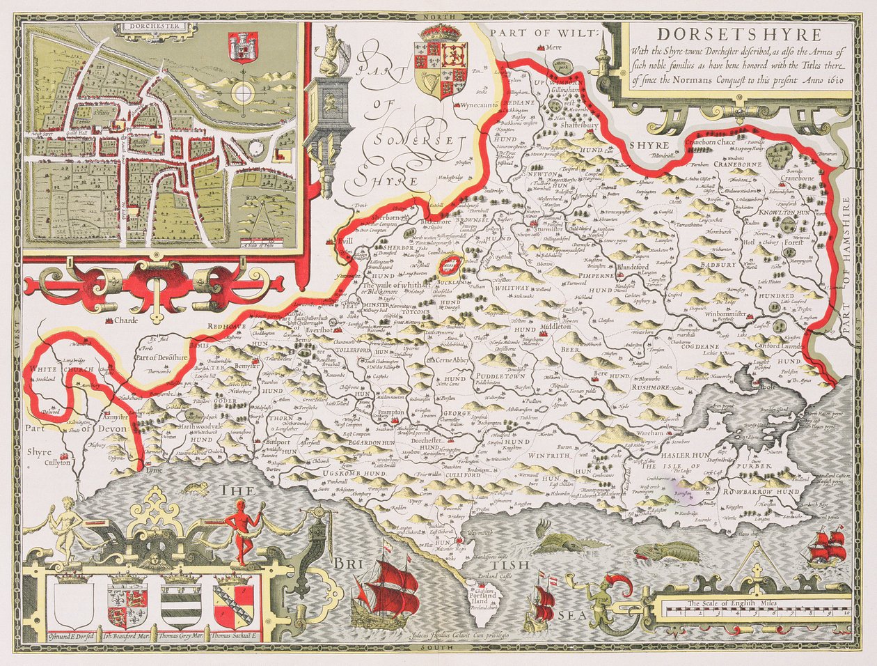 Dorsetshire，由Jodocus Hondius（1563-1612）雕刻，来自John Speed的英国帝国剧院，酒吧。作者：John Sudbury和George Humble，1611-12（手工彩色铜版画） 作者 约翰·斯皮德